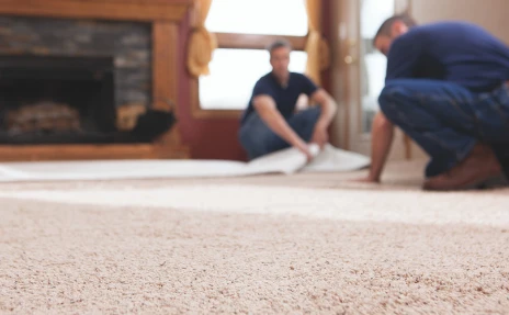 two men installing carpet in front of a fireplace